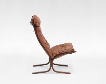 Silla Siesta vintage de cuero coñac, contrachapado y respaldo alto, Ingmar Relling, Noruega, década de 1960, icono del mobiliario moderno escandinavo original de mediados de siglo.