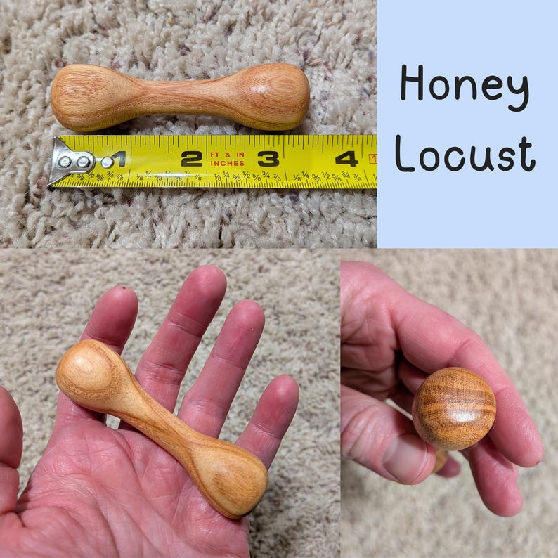 May include: A small, dumbbell-shaped object made of light-colored wood, approximately 3.5 inches long. The object has rounded ends and a narrower center. The text "Honey Locust" is in a light blue box.