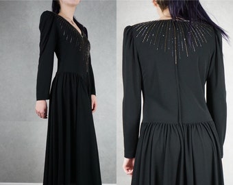 80's Vintage Sunburst Beaded Full Sweep Dress Black