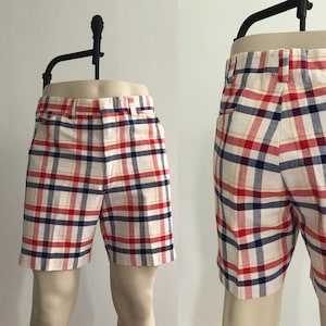 60s Vintage Men&#39;s Golf Shorts 1960s High Waist Red & Blue Windowpane Bermuda Chino Shorts Men&#39; 34 36 Waist