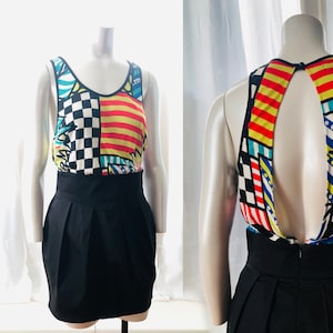 Y2K Vintage Graphic Open Back Mini Dress 90&#39;s Killah Miss Sixty Short Dress With Racetrack Print 1990&#39;s Scoop Neck Multicolor Party Dress
