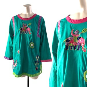 70s Vintage Ramona Rull Shirt Aqua Green 1970s Embroidered Mirrored Cotton Boho Bell Sleeves Tunic Shirt Top