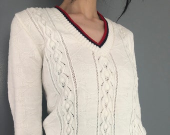 60's Vintage White V Neck Pullover Campus Orlon Acrylic Sweater 1960's Jumper Deadstock