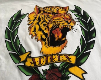 90s Vintage Avirex T-Shirt Studded Tiger & Spellout Unisex White Cotton Men XL