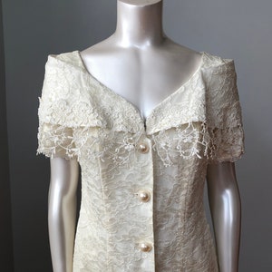 80s Vintage Buttoned Lace Dress With A Wide Mantle Collar Short Sleeves Big Pearly Buttons Dress Karen Lucas For Niki