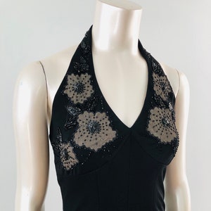 90s Vintage Black Sequins Deep V Neck Halter Floral Illusion Mesh Sparkly Y2K Beaded Shift Open Back Cocktail Dress Chic And Elegant Evening