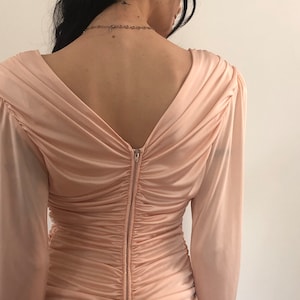 80&#39;s Vintage Light Pink Draped Pleated Cocktail Dress With Asymmetric Ruffle Hem Rhinestones Disco Dress 1980s Glam Fashion By Abby Kent