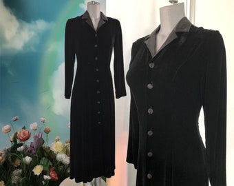 80's Vintage Laura Ashley Full Length Black Velvet Riding Coat Or Dress