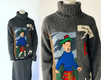 vintage J.C. de Castelbajac Pour Iceberg Wool Knit Sweater Dress Tintin Et Milou Cartoon