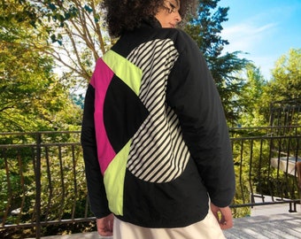 80's Vintage Geometric Neon Black Nylon Graphic Colorblock Puffer Jacket White Stag Graphics Small Medium