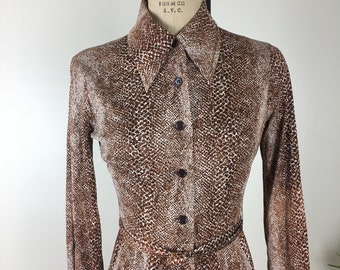 60's 70's Pleated Animal Print Shirt Dress Vintage Handmade Belted Dress