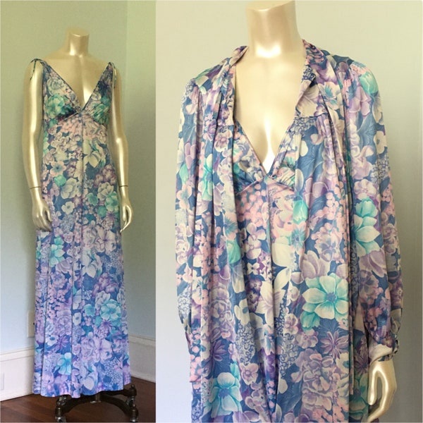 60's Vintage Vanity Fair Maxi Slip Dress Nightie Nightgown & Zippered Robe Peignoir Set In Pastel Blue Floral 2 Piece Set