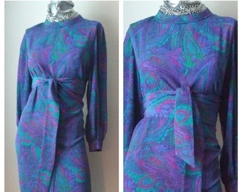 60’s Vintage Eleanore Hadley Paisley Pattern Print Long Sleeves Dress