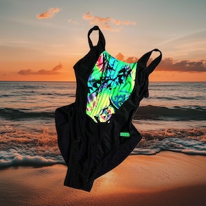 80s Vintage High Cut One Piece Swimsuit 1980&#39;s Black & Green Tropical Neon Abstract Pattern 1980s Open Back Swimwear Dead Stock XXS XS