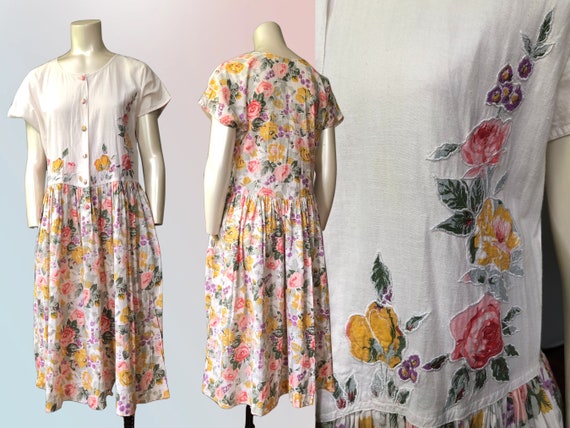 80's 90's Vintage Floral Cotton Dress Short Sleev… - image 1
