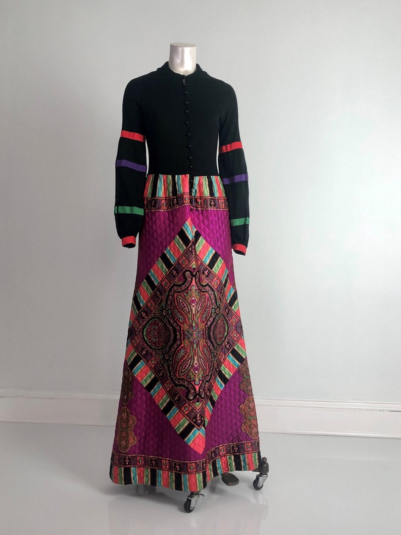 70's Vintage Geometric Black Multicolor Long Bishop Sleeves A Line Maxi Hostess Dress image 7