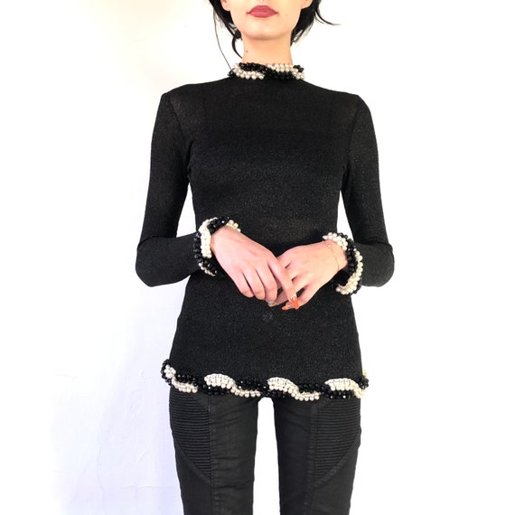 80's French Couture Lurex & Pearls Long Sleeves T… - image 5