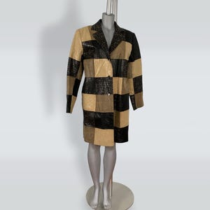 90s Patchwork Snakeskin 100% Leather Coat Tan & Black Checkers Textured XXL Coat Big Bold Pattern Duster 1990s Urban