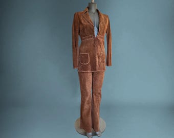 Komplet 2 sztuk: kurtka i spodnie ze zamszu w stylu vintage, zamek błyskawiczny na nogawce, pleciony sznurowany