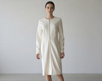 90s Light Cream Coat Dress, Vintage Doncaster Sculptural  Zip Up Sheath