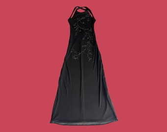 90s Black Mesh Maxi Dress, Open Back Minimalist Witchy Gown, Shelli Segal Small 4