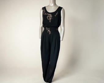 80s Vintage IFF Black Beaded Top And Pants Set
