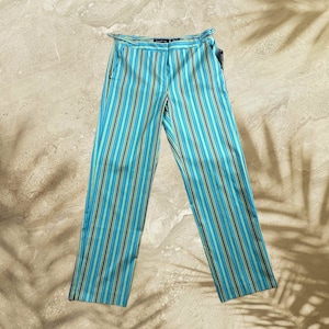 90s Vintage Evan Picone Striped Blue Pants Stretchy 1990s Cotton Summer Pants With Adjustable Waist Buckles Dead Stock Women&#39;s 10 Large