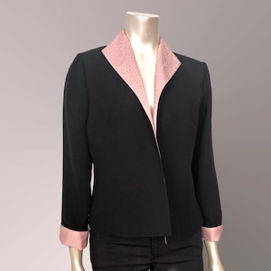 90s Vintage Black Satin Evening Blazer With A Beaded Contrast Lapel Fitted Y2K Cropped Open Front Jacket With Flipped Cuffs 8 Petite Medium