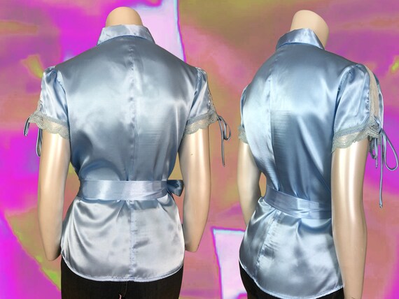 90's Short Sleeves Satin Metallic Baby Blue Colla… - image 3