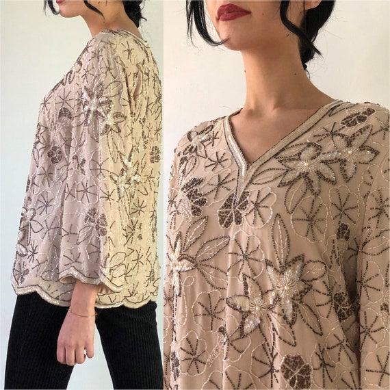 60's Nude Sequined Long Sleeves Tunic Top - image 1