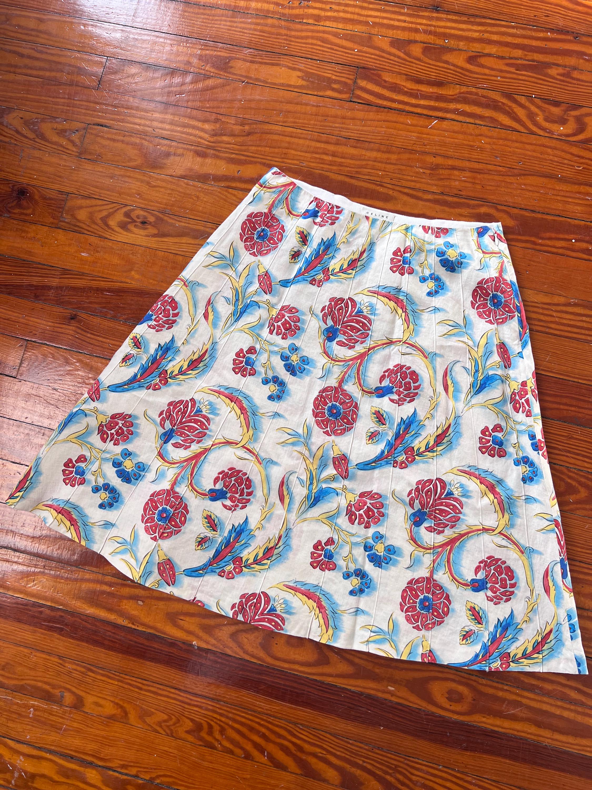 Vintage Celine Linen Skirt White Multicolor 100% Linen Paisley