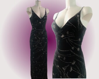 90's Slinky Spaghetti Straps Maxi Dress Back Slit Black With Floral Silver Dandelions