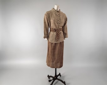 80s Vintage Striped Linen Skirt & Top Set, Burlap Belted Two-Piece