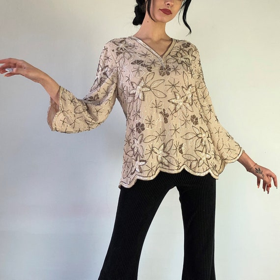 60's Nude Sequined Long Sleeves Tunic Top - image 2