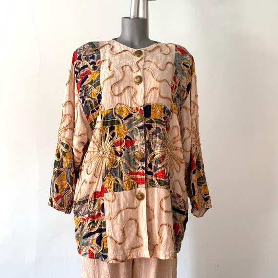 80s Vintage Patchwork Jacket & Pants Set With Art… - image 2