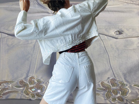 80's Vintage White Sequined Denim Jacket And Shor… - image 1