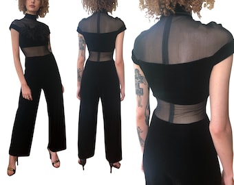 90's Caché Wide Leg Vintage Jumpsuit In Black Velvet & Mesh