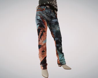 Vaqueros acampanados Voyage Passion de los años 90 con estampado Aztec God Y2K, denim elástico