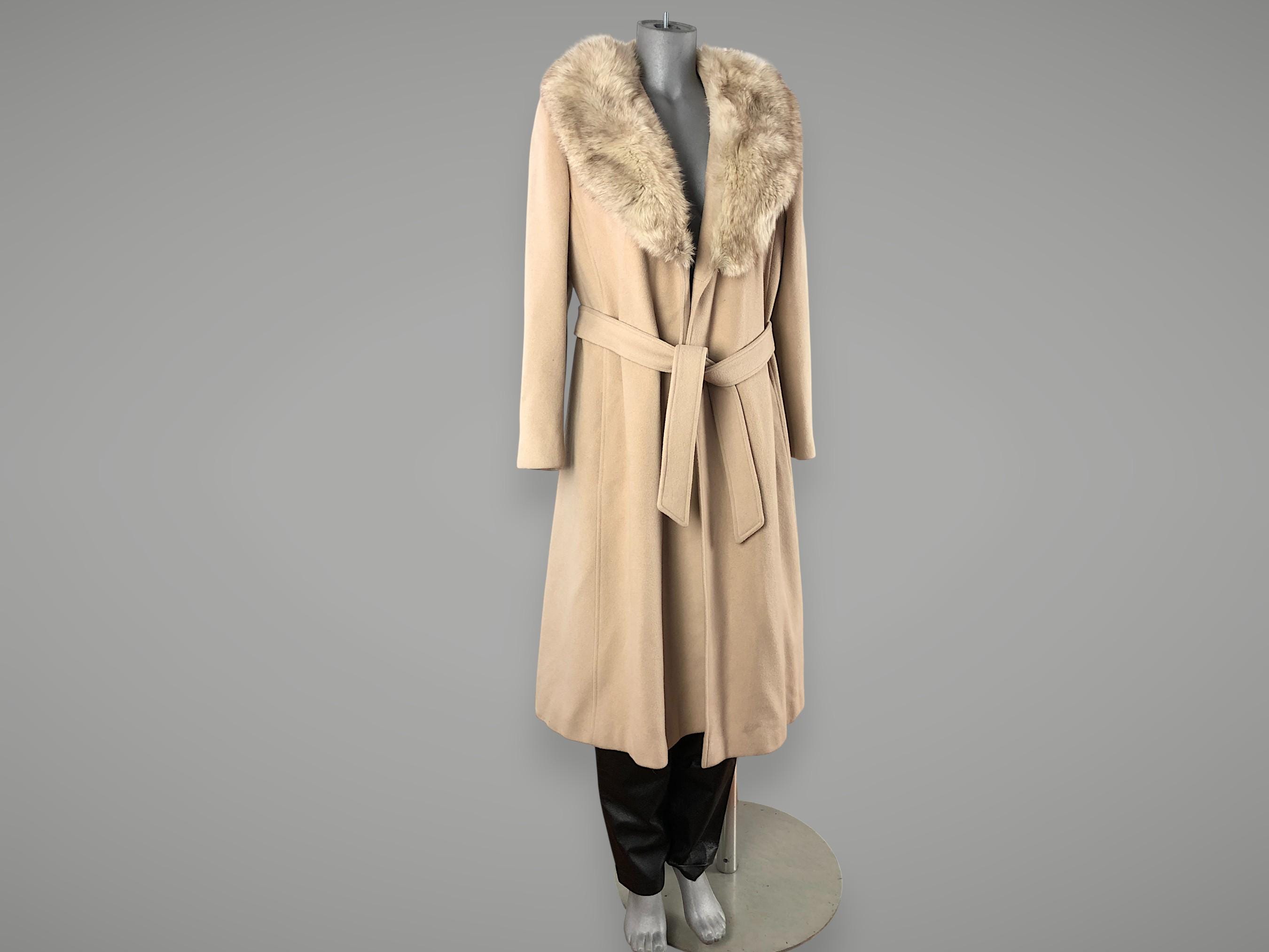 70s Long Cashmere Coat Belted Open Front Beige 100% Real Fur