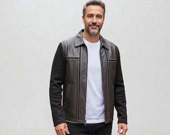 90s Vintage Jhane Barnes Brown Leather Jacket With Knit Wool Sleeves & Back Modern Luxury 1990s Sleek Dark Brown Men’s Outerwear Medium