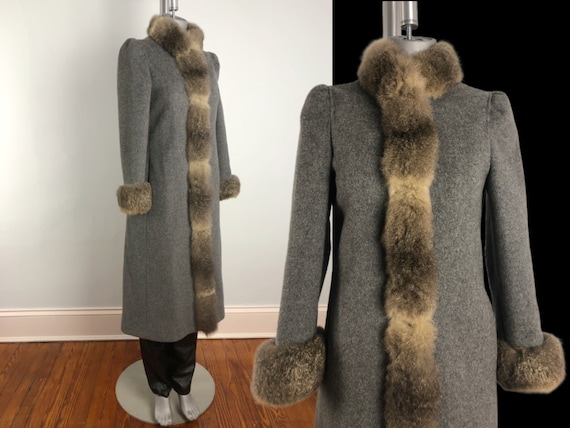 80's Fur Trimmed Fitted Full Length Brushed Wool … - image 1
