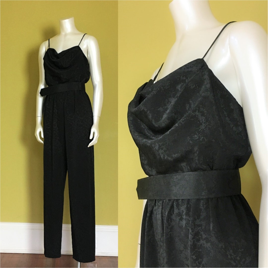 Belted Spaghetti Straps Jumpsuit in Black Jacquard 7/8 - Etsy