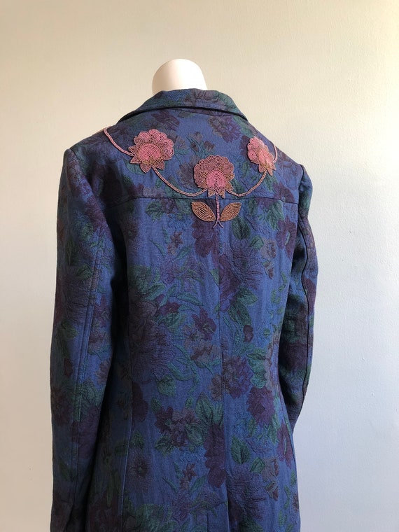 Vintage Blue Tapestry Coat With Beading Embellish… - image 4