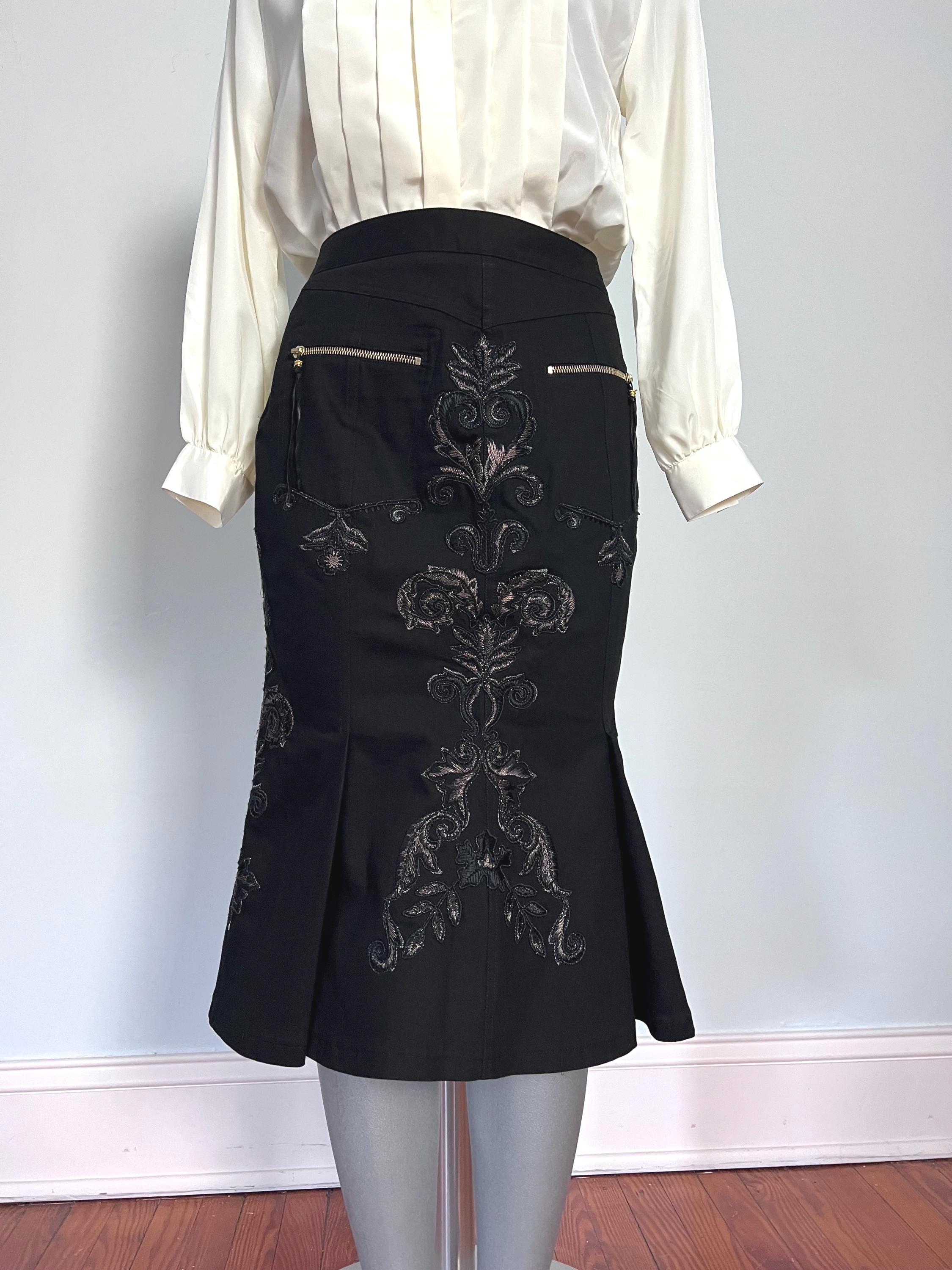 90s Roberto Cavalli Black Zippered Cotton Trumpet Skirt W/ Gold