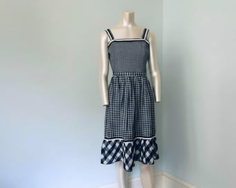 60er Vintage Blau Gingham Sommerkleid Square Neck Blau Weiß kariertes 100% Baumwolle Sommerkleid