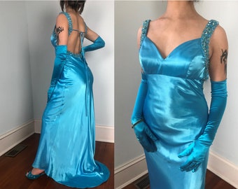 Vintage Beaded Satin Slip Dress Gown Bias Cut Maxi With Open Back