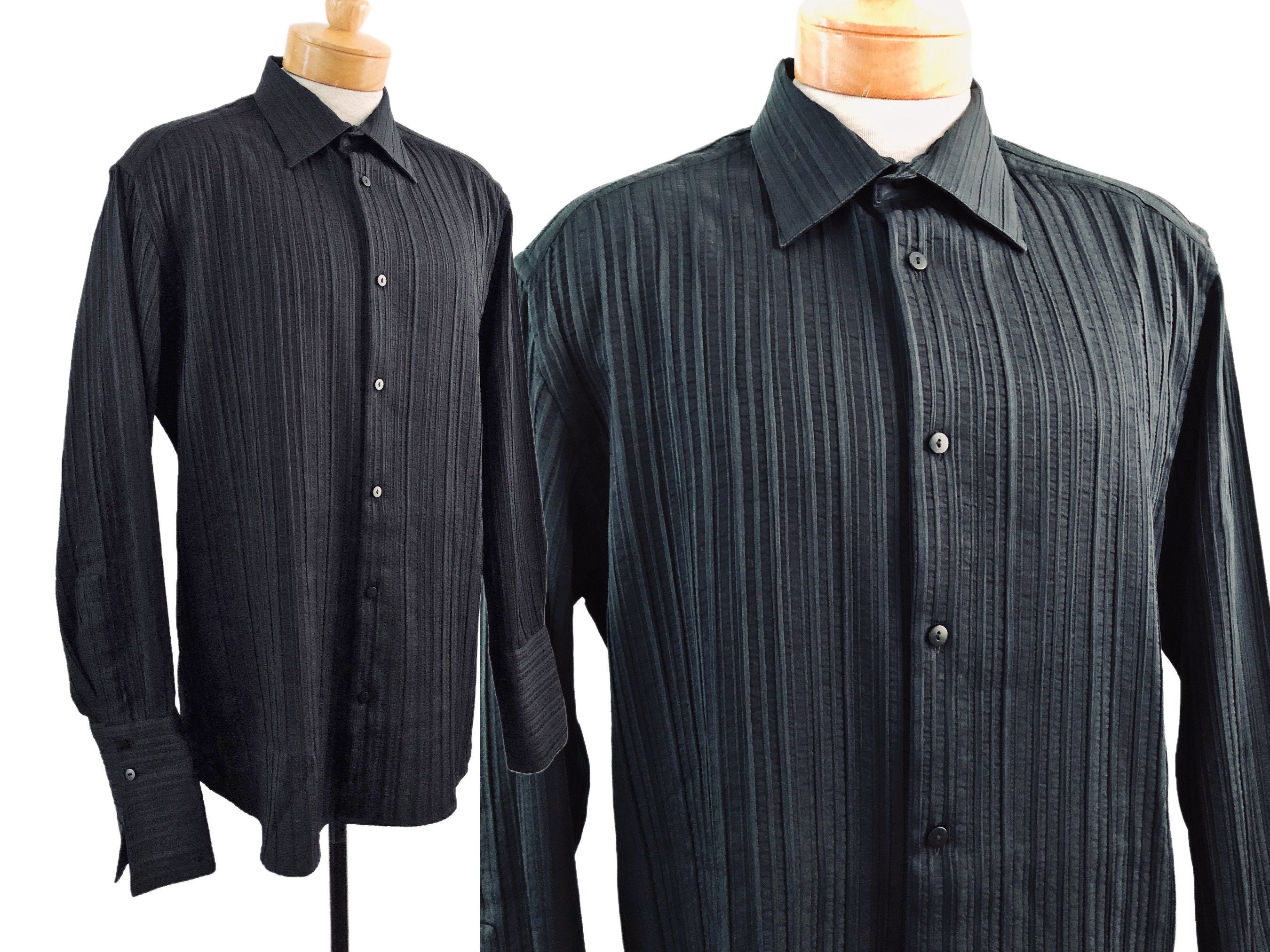 90s Vintage Black Textured Vertical Stripes Jhane Barnes Shirt 