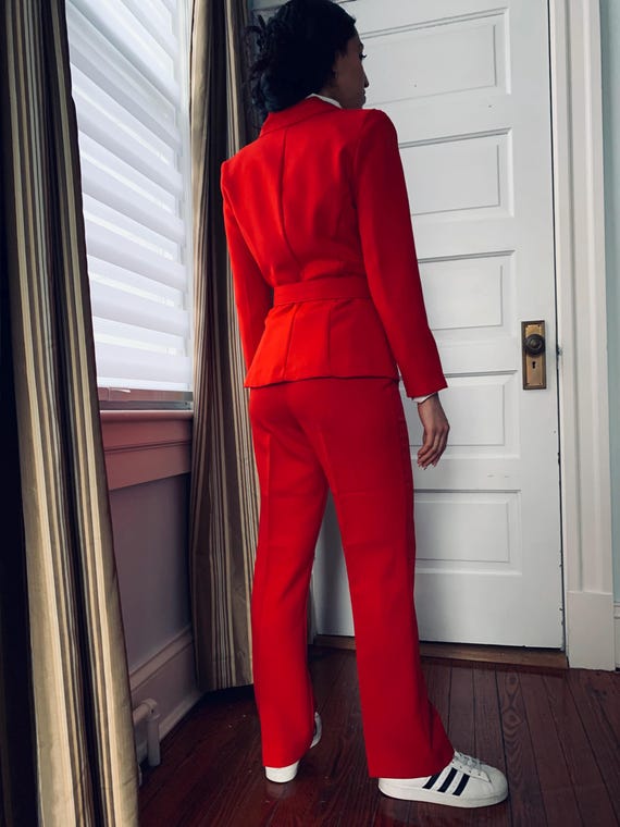 80s Vintage Red Belted Blazer Slack Pantsuit Y2K Matching