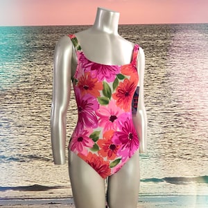 80&#39;s Vintage Pink Orange Tropical Flowers Floral One Piece Scoop Back Swimsuit 8 By Gabar Dead Stock