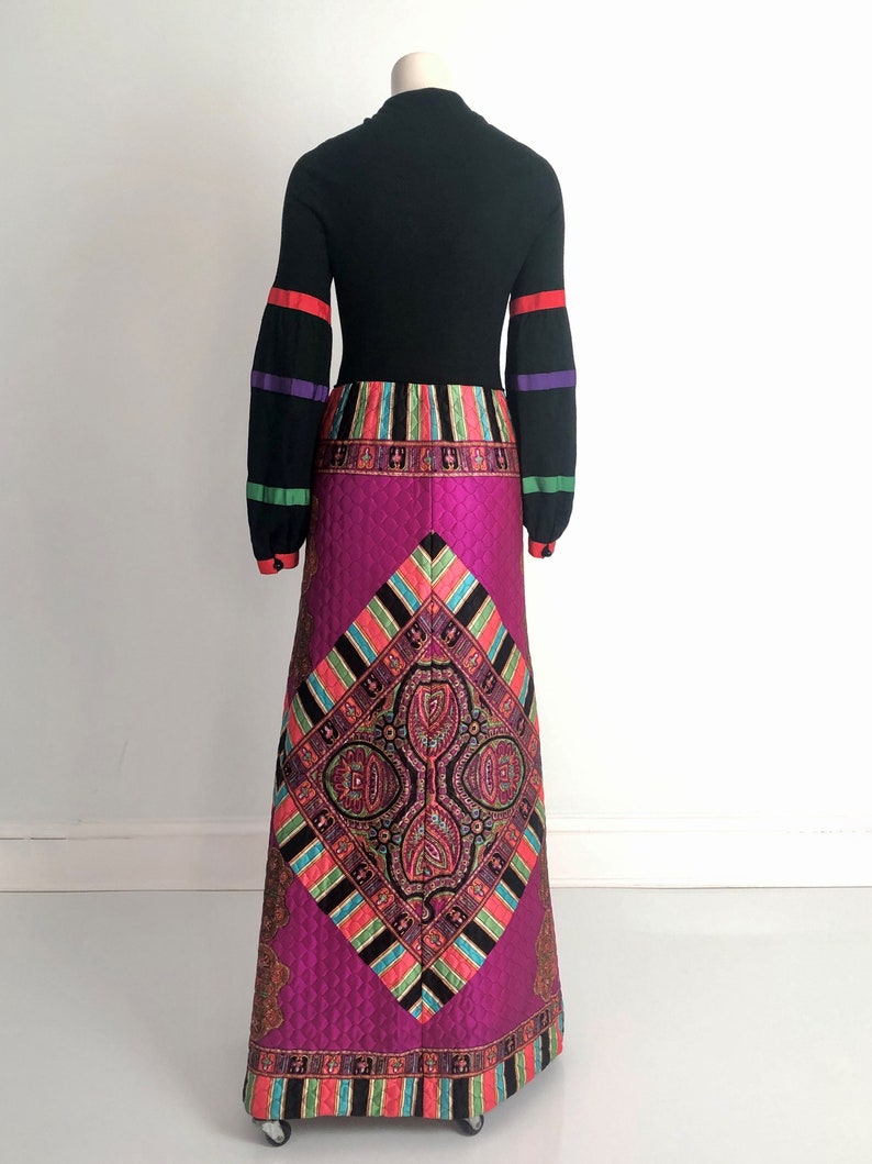 70's Vintage Geometric Black Multicolor Long Bishop Sleeves A Line Maxi Hostess Dress image 2